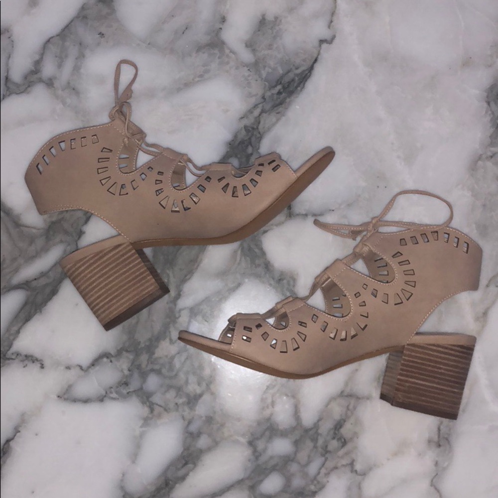 BP Nude Cutout Lace Up Block Heel Sandals | 8.5